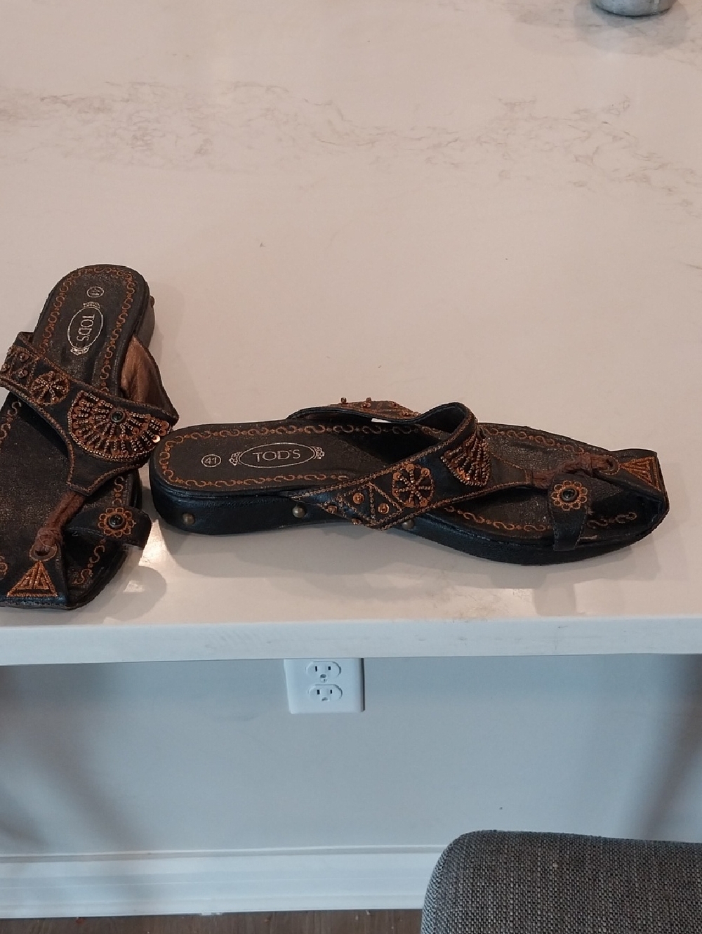 Tod's Black And Brown Leather Beaded Thong Sandals with Bronze Accents..EUC